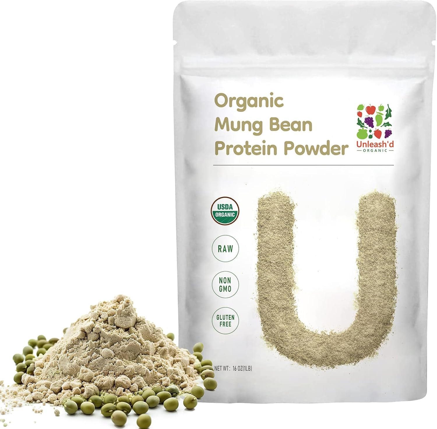 UNLEASH'D ORGANIC Organic Mung Bean Protein Powder 16 oz – 100% Pure Plant-Based Protein, Rich in Vitamins, Minerals & Fiber