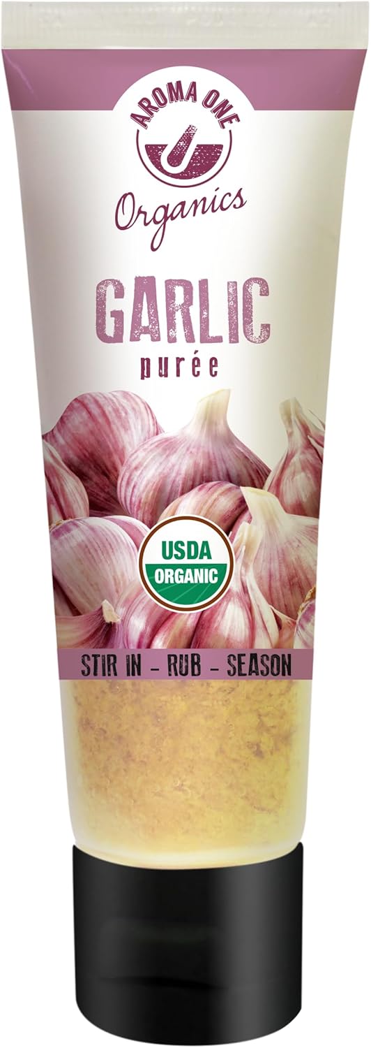 Aroma One Garlic Puree Paste - Organic Herb Concentrate for Cooking, Seasoning & Sauces - Fresh Flavor Enhancer, Non-GMO, Gluten-Free, Vegan - Easy Squeeze Tube, Kitchen Must-Have - 80g (2-Pack)