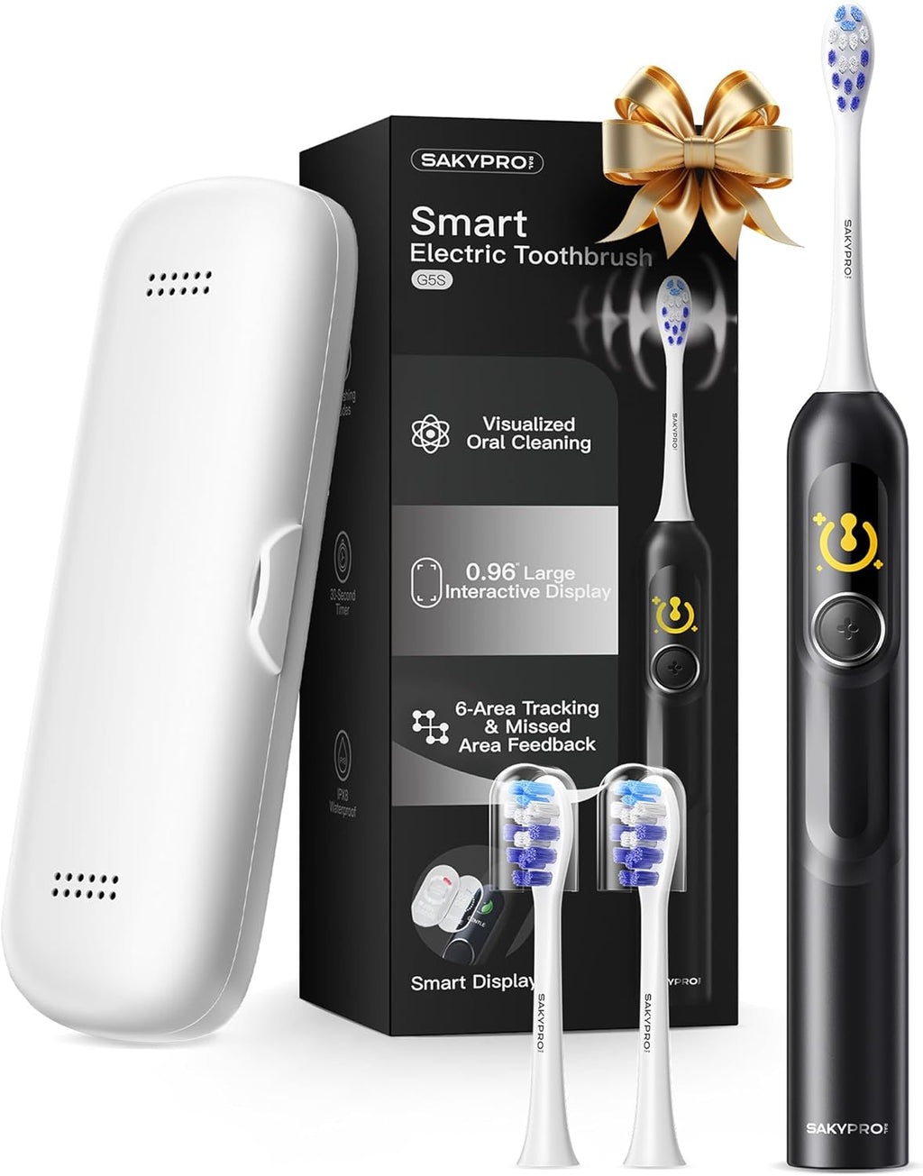 SAKYPRORAL AI Electric Toothbrush with Smart Display for Adults Kids | 150-Day Rechargeable Toothbrush, Real-Time Map |3-Min Timer, Travel Case | Teens Sonic Toothbrush Gift (G5S Black)