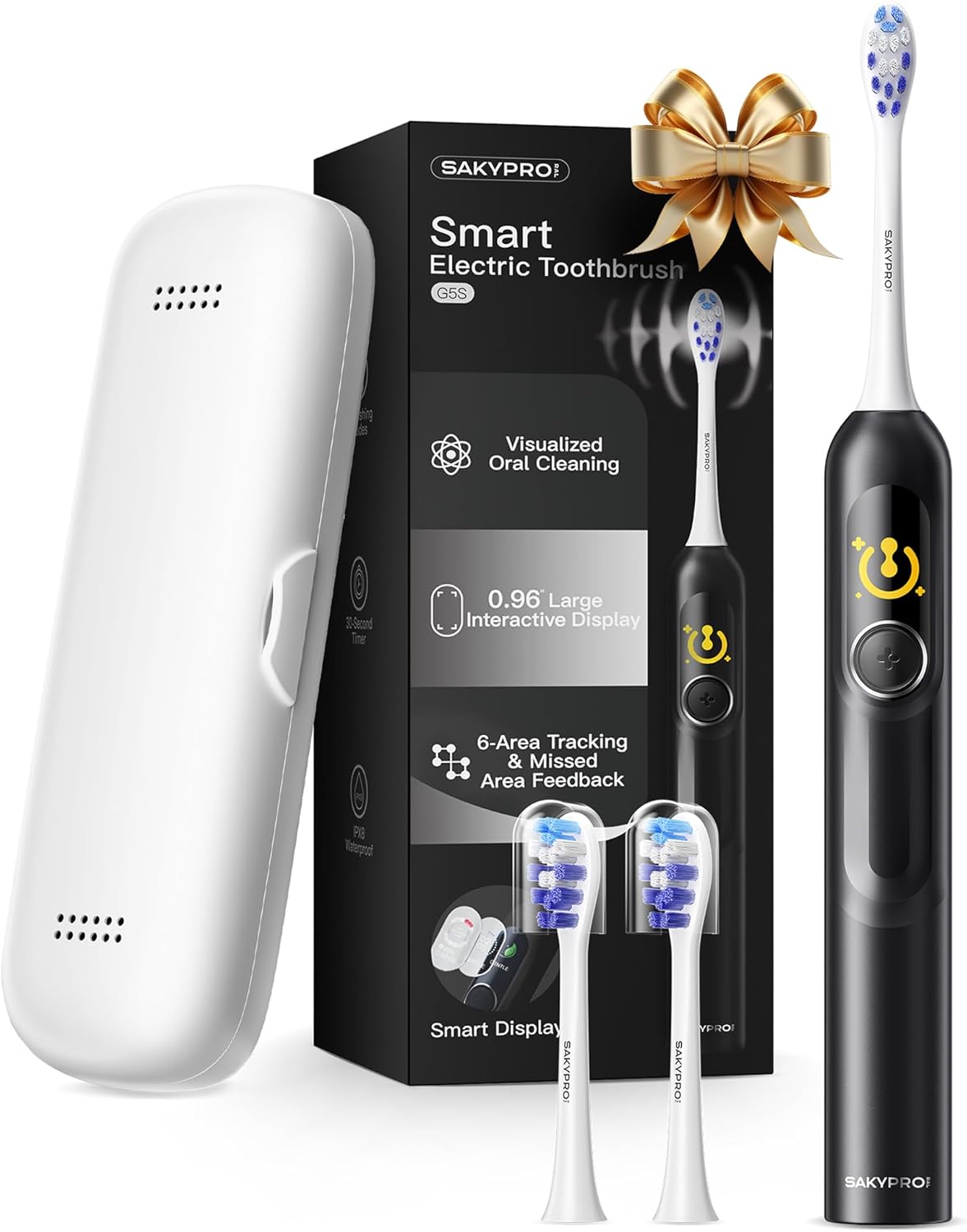 SAKYPRORAL AI Electric Toothbrush with Smart Display for Adults Kids | 150-Day Rechargeable Toothbrush, Real-Time Map |3-Min Timer, Travel Case | Teens Sonic Toothbrush Gift (G5S Black)