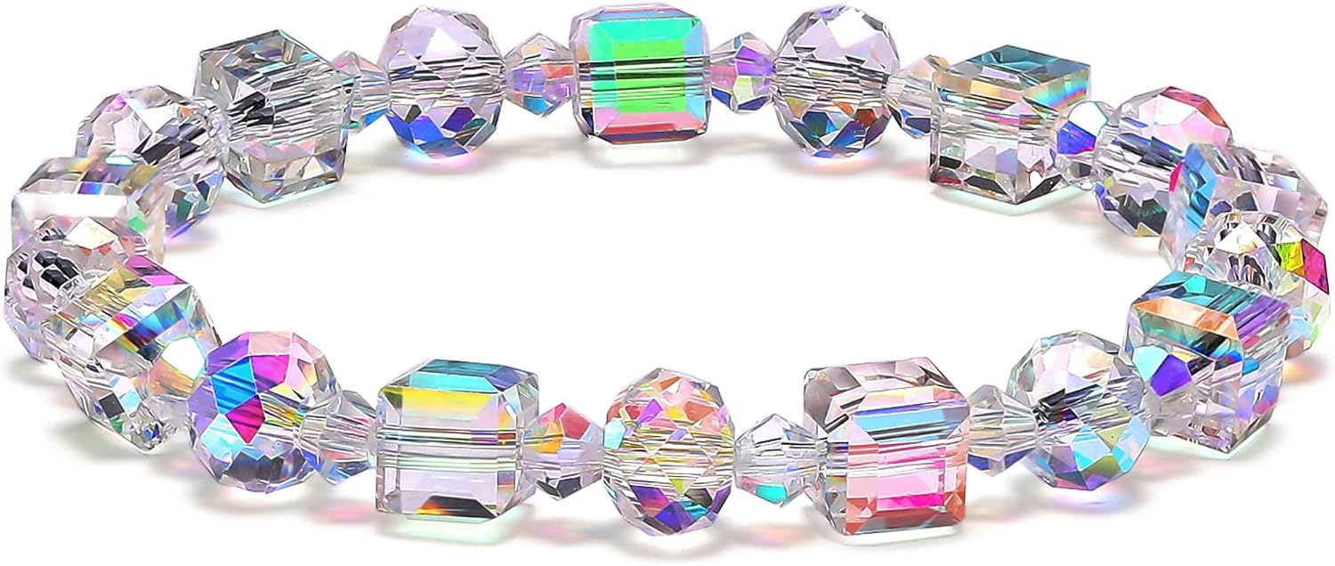 HANGINTHERE Aurora Borealis Crystal Bracelet for Women, Stretch Iridescent Faceted AB Coating - 5000+ Pull Tested, Gift Ready