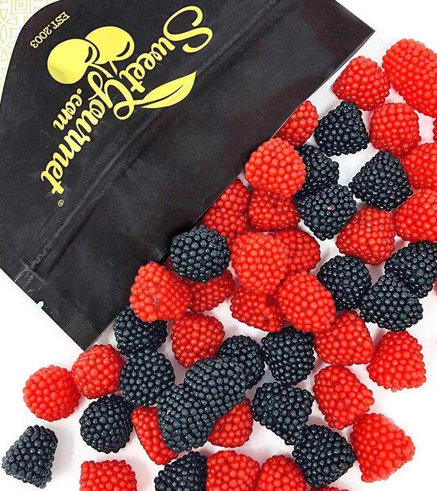 SweetGourmet Blackberry and Raspberry Gummy Candy with Nonpareils, Chewy Berry Shaped Treats, Red and Black, 2 Pound Bag