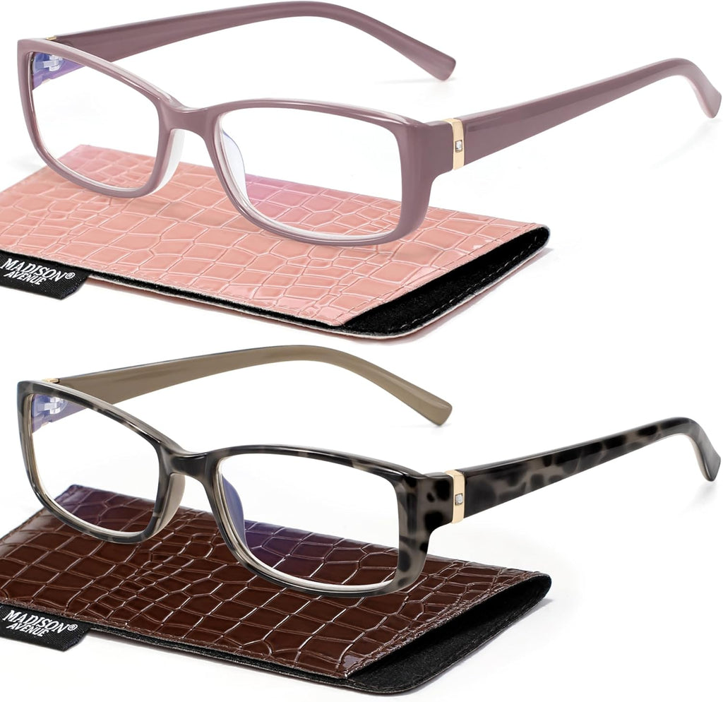 Madison Avenue 2 Pack Classic Blue Light Blocking Reading Glasses for Women, Vintage Anti Glare/Eyestrain Computer Readers Demi/Purple +1.25