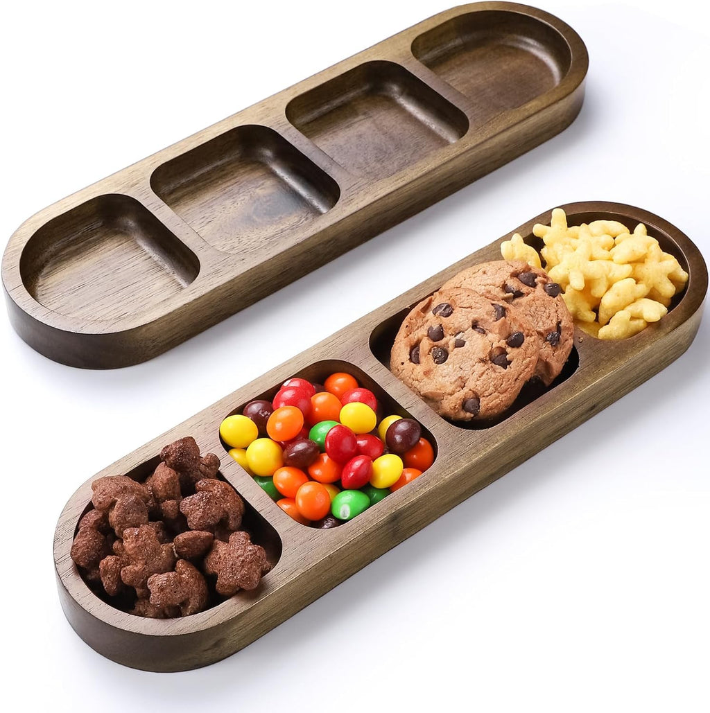 2 Pcs Soy Sauce Dish, Wooden Divided Dip Bowls, Korean 4-Compartment Sauce Plates for Home Restaurant BBQ, Vinegar, Spices, Ketchup, Salt, Sugar, and Flavors