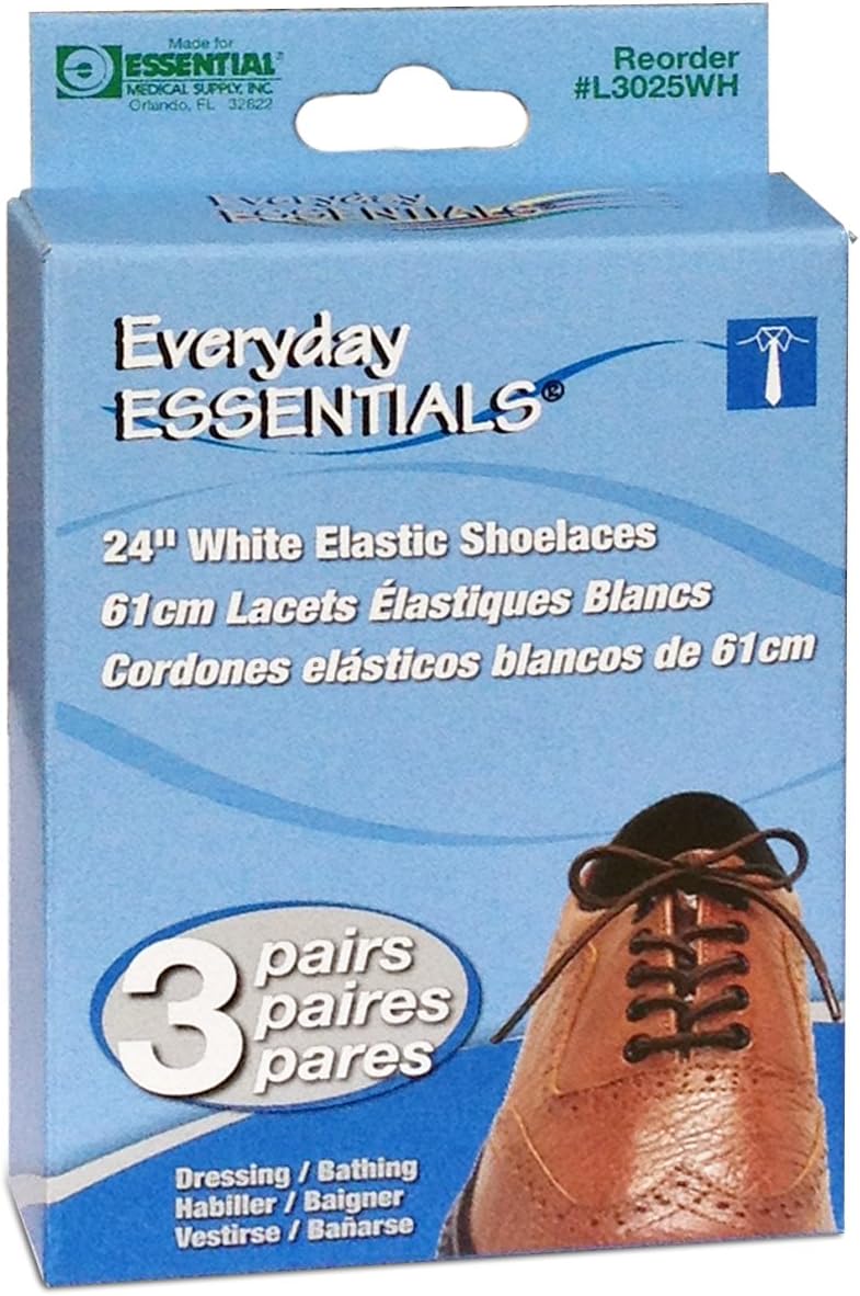 Essential Medical Supply Tie Once Elastic Shoelaces with 3 Pairs in One Pack - Essential Dressing Aid for Seniors, Adults and the Elderly, White, 24"