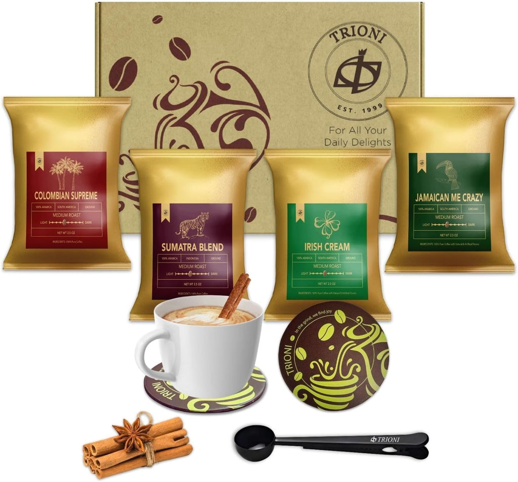 Gourmet Coffee Sampler Gift Set (4x2.5oz) TRIONI Medium Roast Ground Coffee Variety Pack, Individual Coffee Packets - 4 Unique Flavored Coffee - Including a Cinnamon Sticks, Coaster, Bag Clip & Spoon