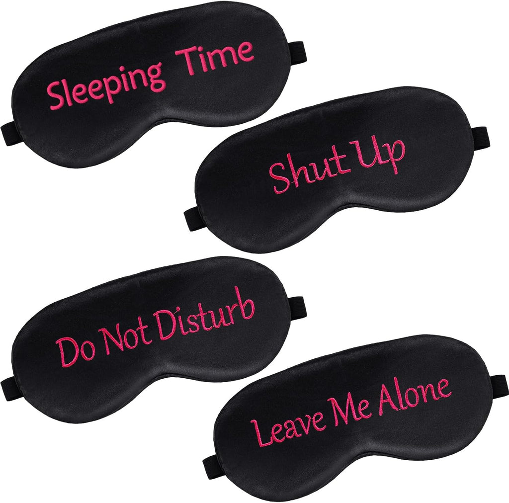Geyoga 4 Pieces Funny Eye Mask for Sleep Soft Satin Blocking Blindfold with Adjustable Strap Silk Eye Cover Out Lights for Women Men Travel, Nap, Meditation (Black with Red Words,Classic Style)