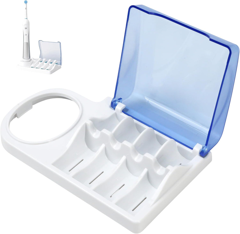 Brush Head Holder Compatible with Braun Oral B, Electric Toothbrush Head Holder Stand, Unique Blue Bracket Base, 4-Slot Display Rack, Portable Countertop Bathroom Organizer with Brush Storage Cover