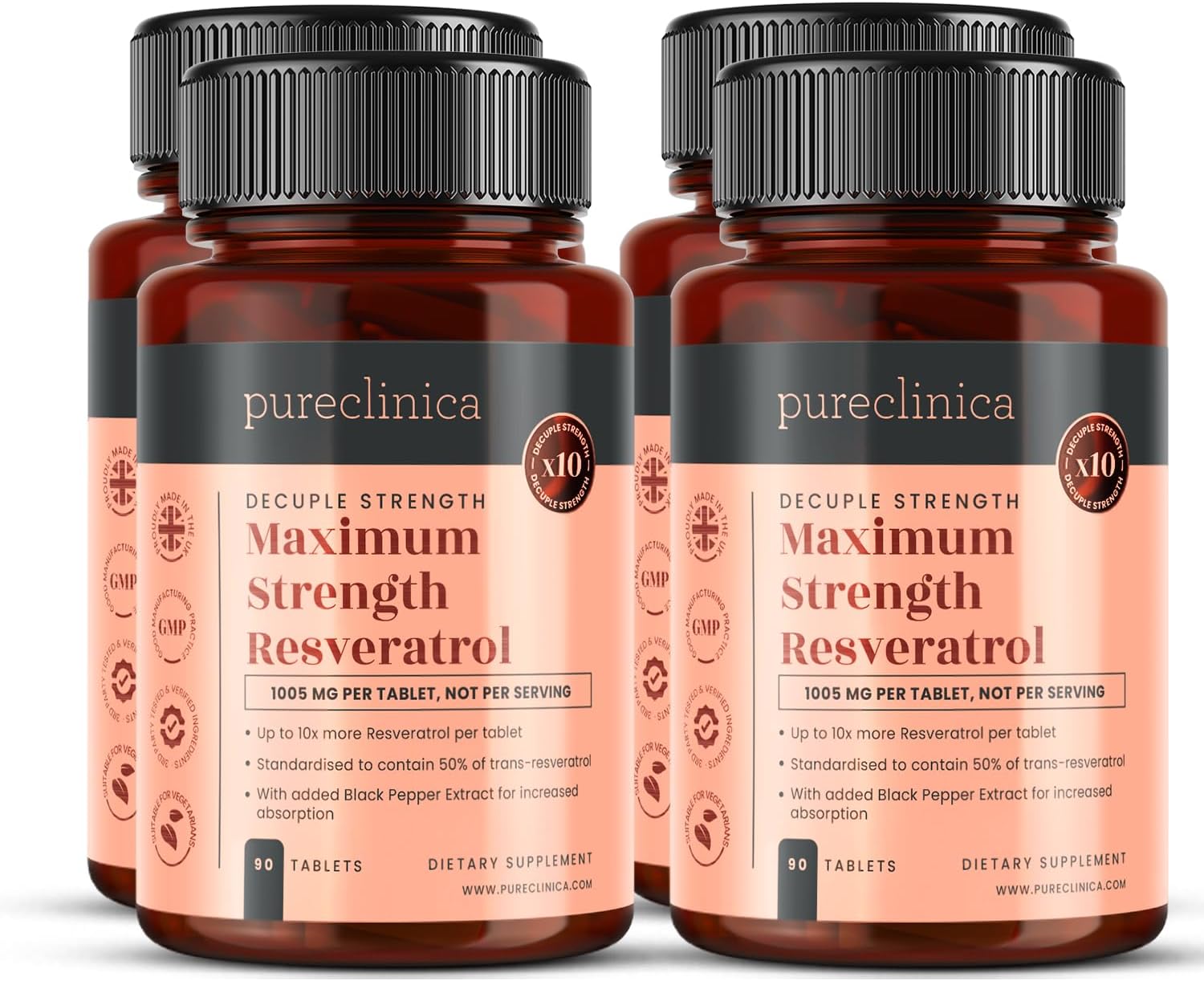 pureclinica Maximum Strength Resveratrol 1000mg x 360 Tablets - (4 Bottles of 90-12 Months Supply). 10 x Strength w/Black Pepper Extract