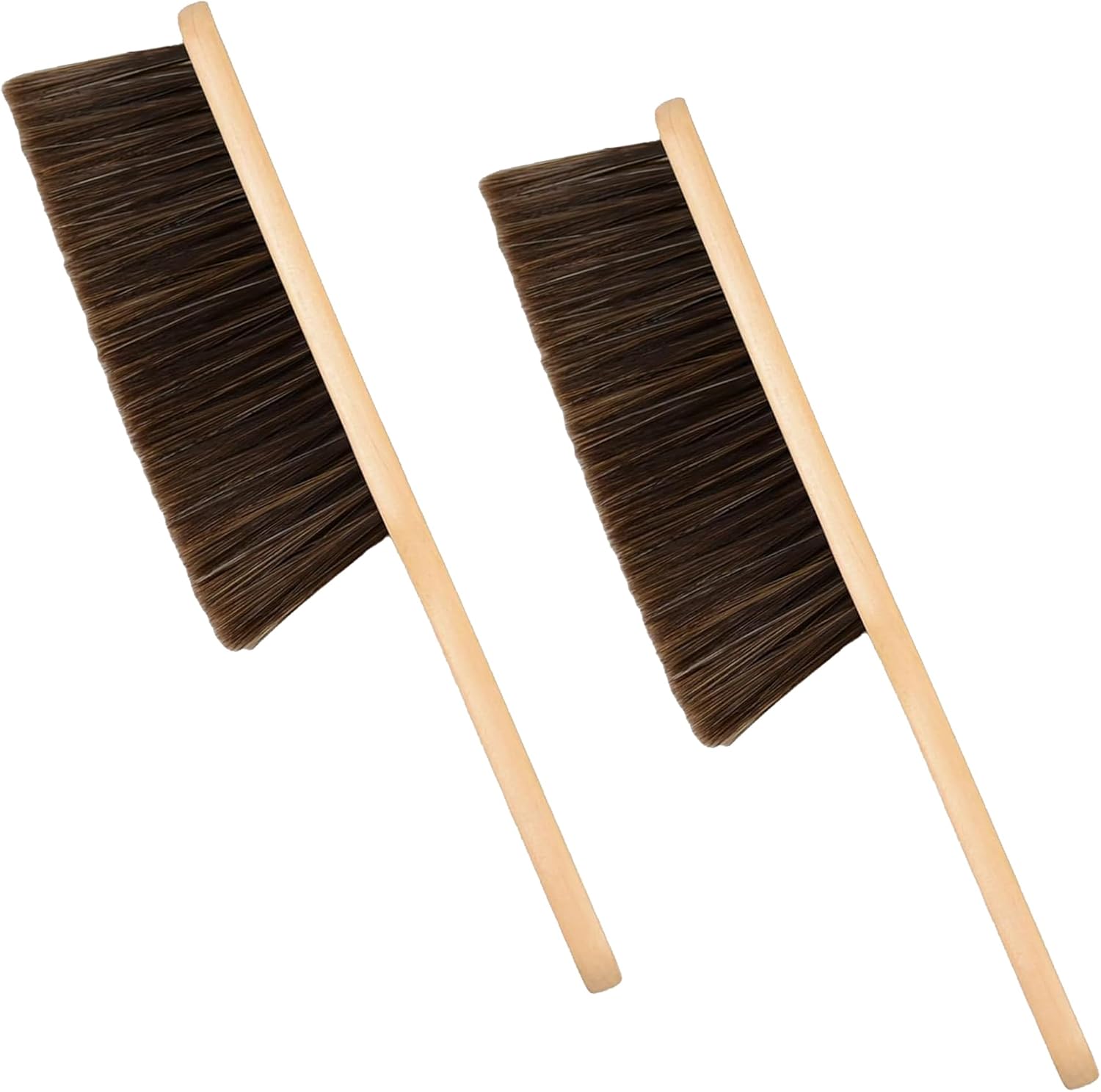 2 Pieces Woooden Dust Brush Hand Broom Bench Brush with Long Wood Handle Whisk Broom Soft Bristle Brush for Counter Bed Sofa Car Fireplace Clothes Household Cleaning (Brown)
