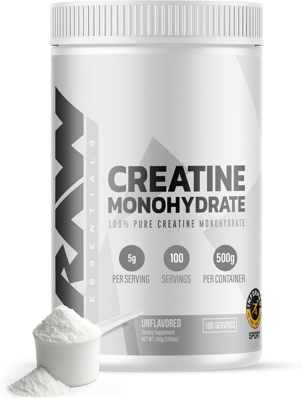 RAW Nutrition Creatine Monohydrate Powder, Unflavored (100 Servings) - Micronized Creatine Monohydrate Supplement for Workout Performance, Build Muscle & Strength - Creatine Powder for Men & Women