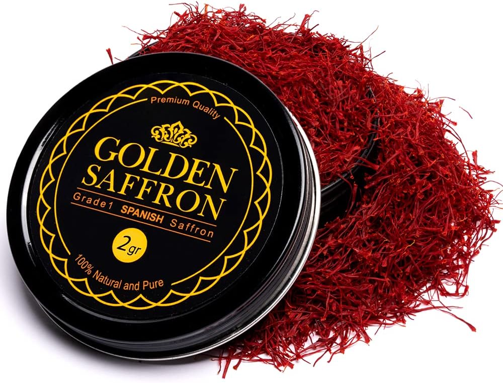 Golden Saffron, Premium Spanish Saffron Threads, Pure Red Spanish Saffron Spice Threads, For Culinary Use Such as Tea, Paella Rice, Risotto, Tachin, Basmati Rice (2 Grams)