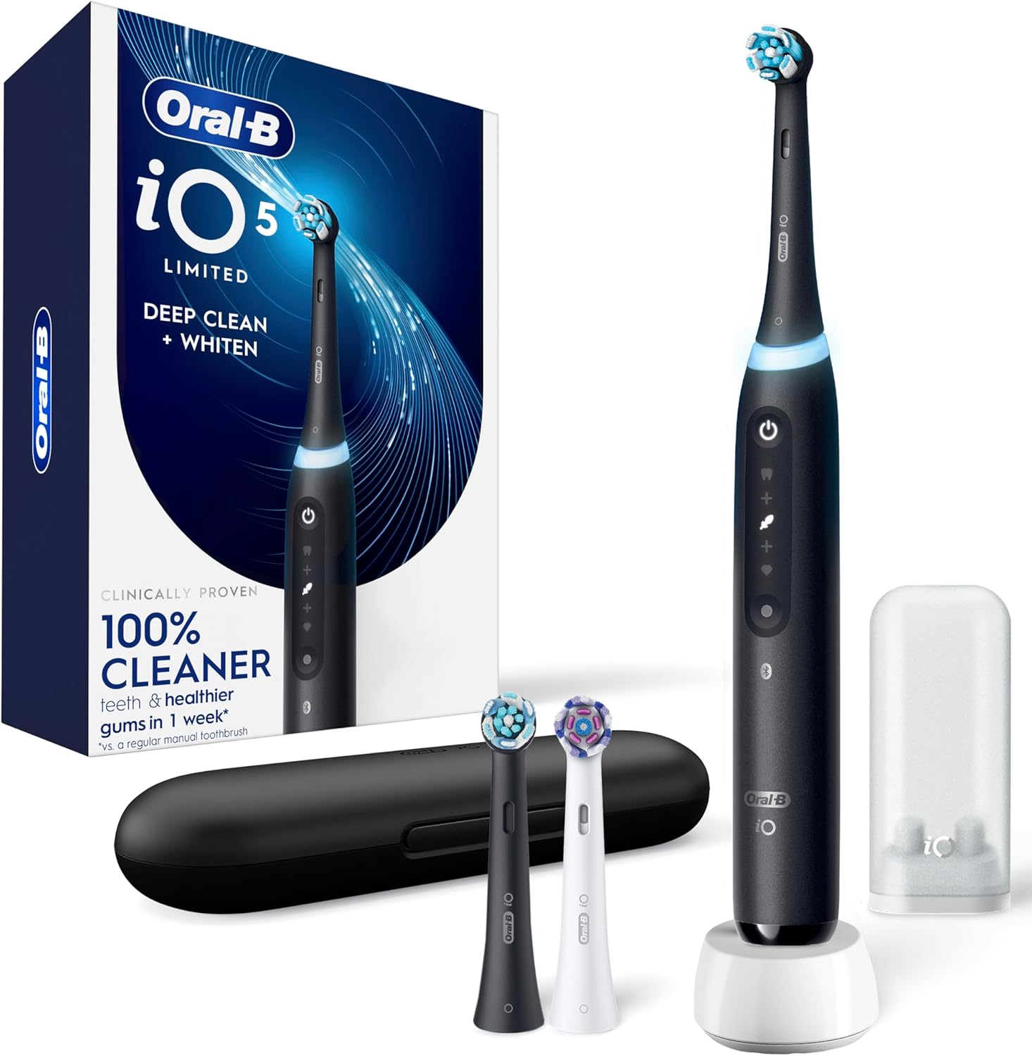 Oral-B Rechargeable Electric Toothbrush, iO5 Limited Deep Clean & Whiten, 5 Cleaning Modes, Visual Pressure Sensor to Protect Gums, Travel Case, 3 Brush Heads, Black