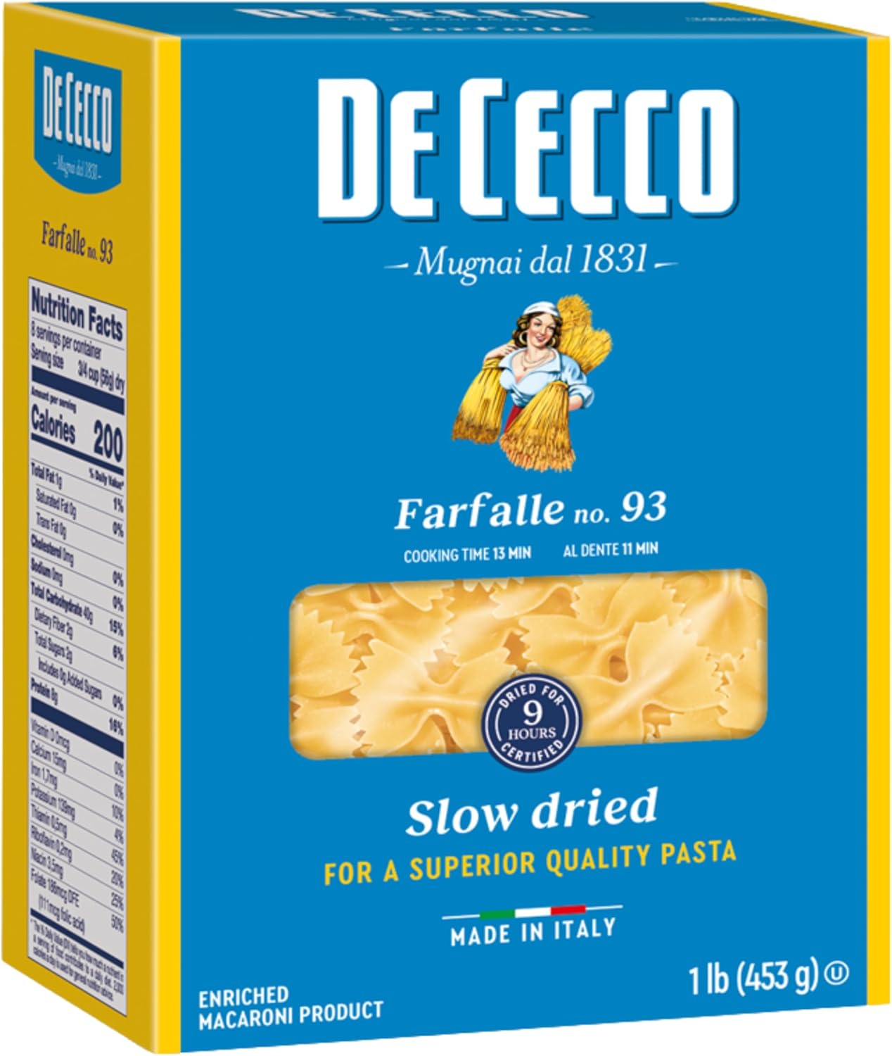 De Cecco Farfalle No. 93 Pasta, 16 Oz, Authentic, Slow Dried, Made with Durum Wheat, Versatile Pasta for Sauces & Recipes, Made in Italy