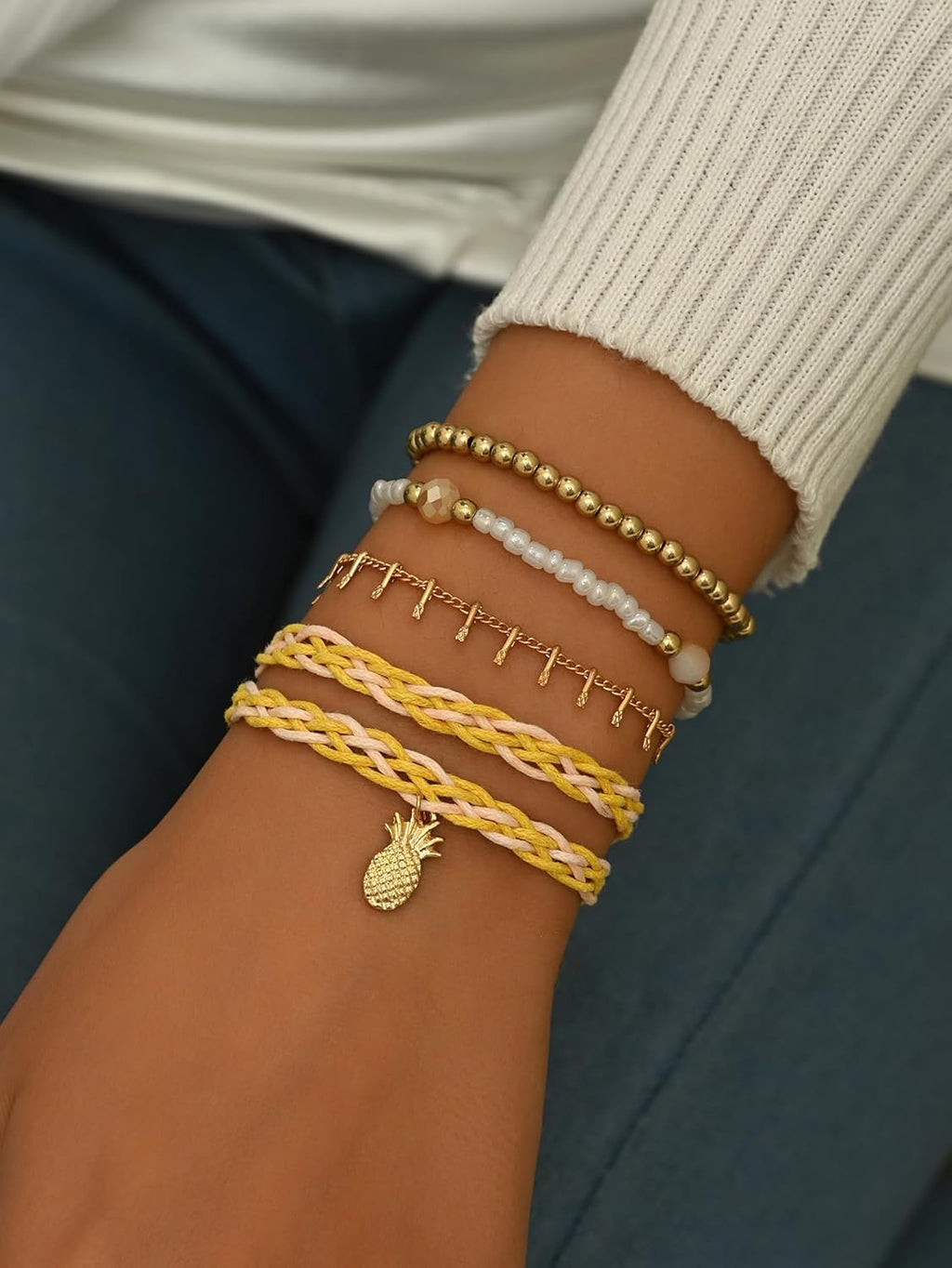 4Pcs Boho Gold Beaded Bracelets Set for Women Pineapple Charm Braided Rope Chain Stackable Summer Beach Jewelry Accessories