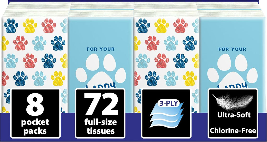 Travel Tissue Packs – 8 Compact 3-Ply Packs (72 Total), Soft Chlorine-Free Facial Tissues for Purse, Car, or School, Gentle & Durable, Non-Bleach, Playful Dog Design