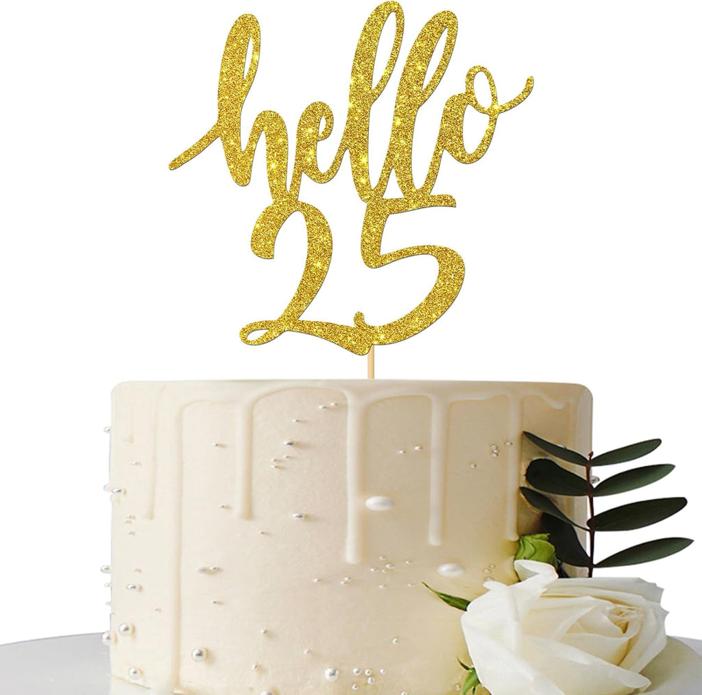Hello 25 Cake Topper - 25th Birthday / 25 Anniversary Party Cake Decoration, Twenty-five Themed Party Decorations Supplies Gold Glitter