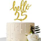 Hello 25 Cake Topper - 25th Birthday / 25 Anniversary Party Cake Decoration, Twenty-five Themed Party Decorations Supplies Gold Glitter