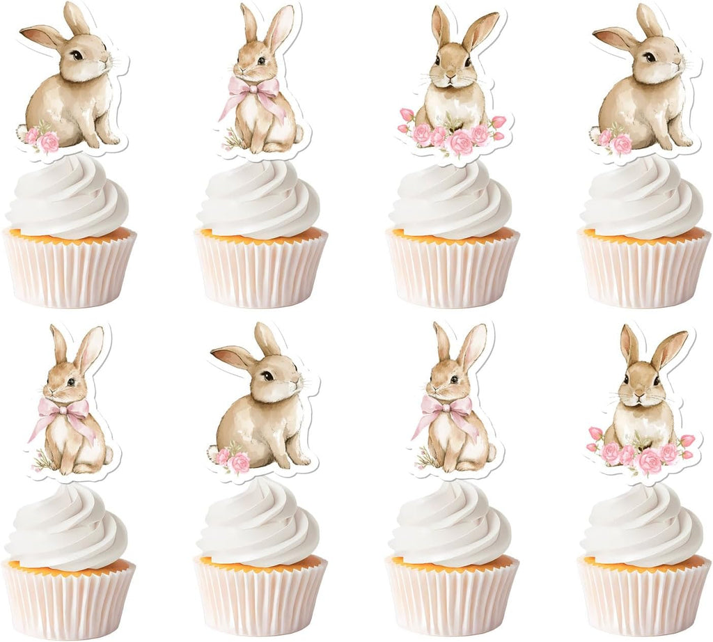 36Pcs Bunny Cupcake Toppers, Pink Bow Floral Bunny Birthday Cupcake Picks Rabbit Theme Party Decoration for Girls Birthday Party Baby Shower Supplies