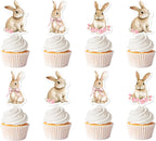 36Pcs Bunny Cupcake Toppers, Pink Bow Floral Bunny Birthday Cupcake Picks Rabbit Theme Party Decoration for Girls Birthday Party Baby Shower Supplies