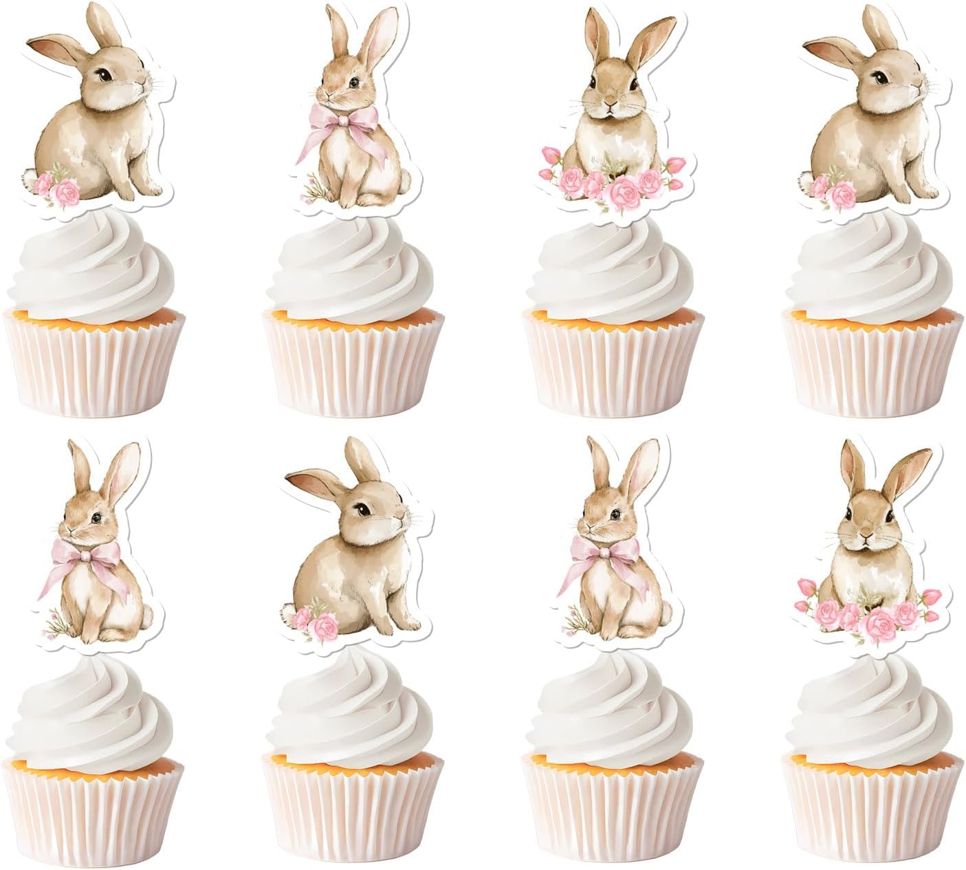 36Pcs Bunny Cupcake Toppers, Pink Bow Floral Bunny Birthday Cupcake Picks Rabbit Theme Party Decoration for Girls Birthday Party Baby Shower Supplies