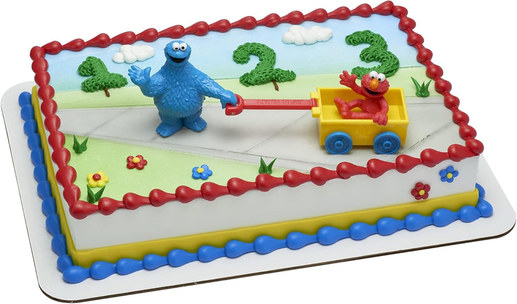 DecoSet® Sesame Street® Let's Play Cake Topper, 2-Piece Birthday Cake Decoration with Cookie Monster and Elmo in a Free-Wheeling Wagon, Ready to Use, Food Safe