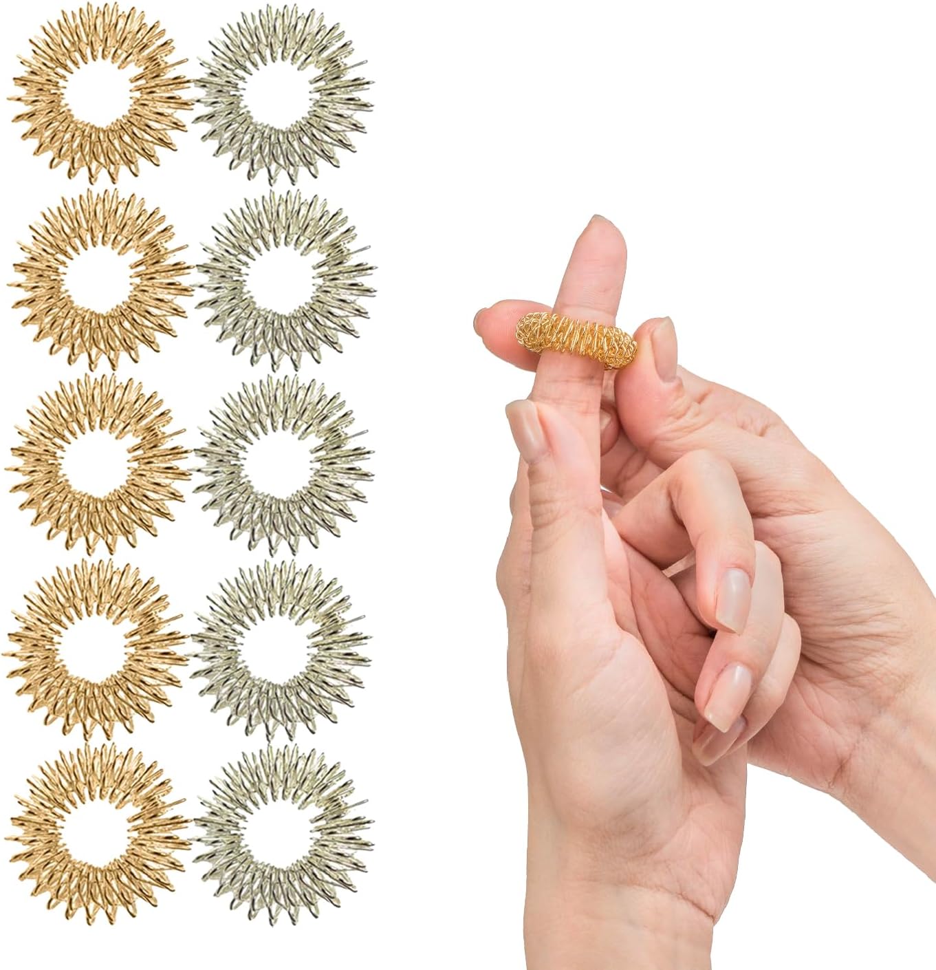 IMPRESA Spiky Sensory Acupressure Fidget Rings - 10-Pack, 1 in Dia, Silver & Gold - Stress Relief Fidget Ring - Tactile Stimulation with Spiky Sensory Band - Compact Stress Relief Toy