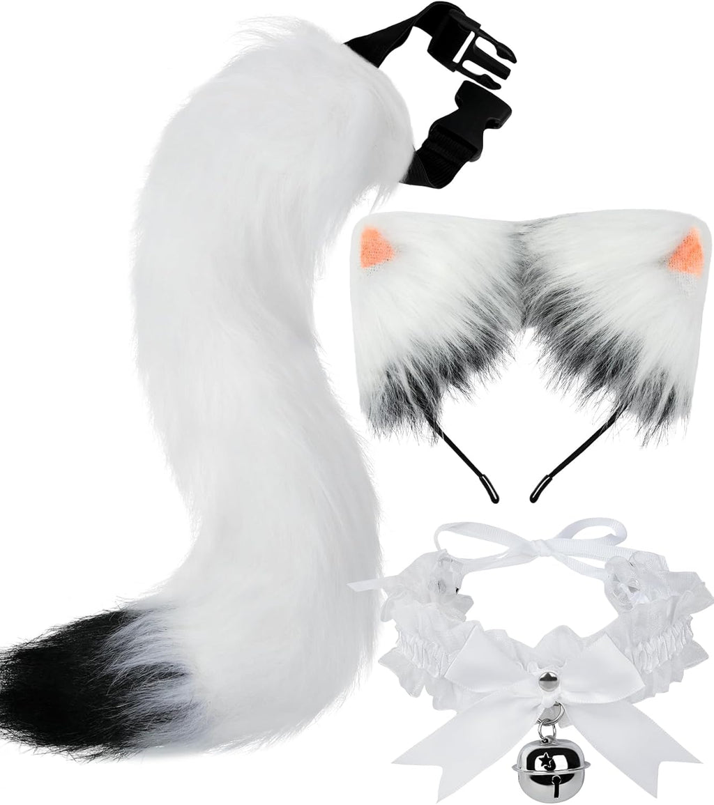 Cat Ears and Tail,Wolf Fox Ears Long Tail and Bell Lace Choker Set for Halloween,Animal Cosplay Party Costume