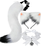 Cat Ears and Tail,Wolf Fox Ears Long Tail and Bell Lace Choker Set for Halloween,Animal Cosplay Party Costume
