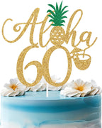 Gold Glitter Aloha 60 Cake Topper, Hawaiian Happy 60th Birthday Cake Decorations, Summer Tropical Palm Leaves Flamingo Luau Themed 60th Birthday/Anniversary Party Decorations Supplies