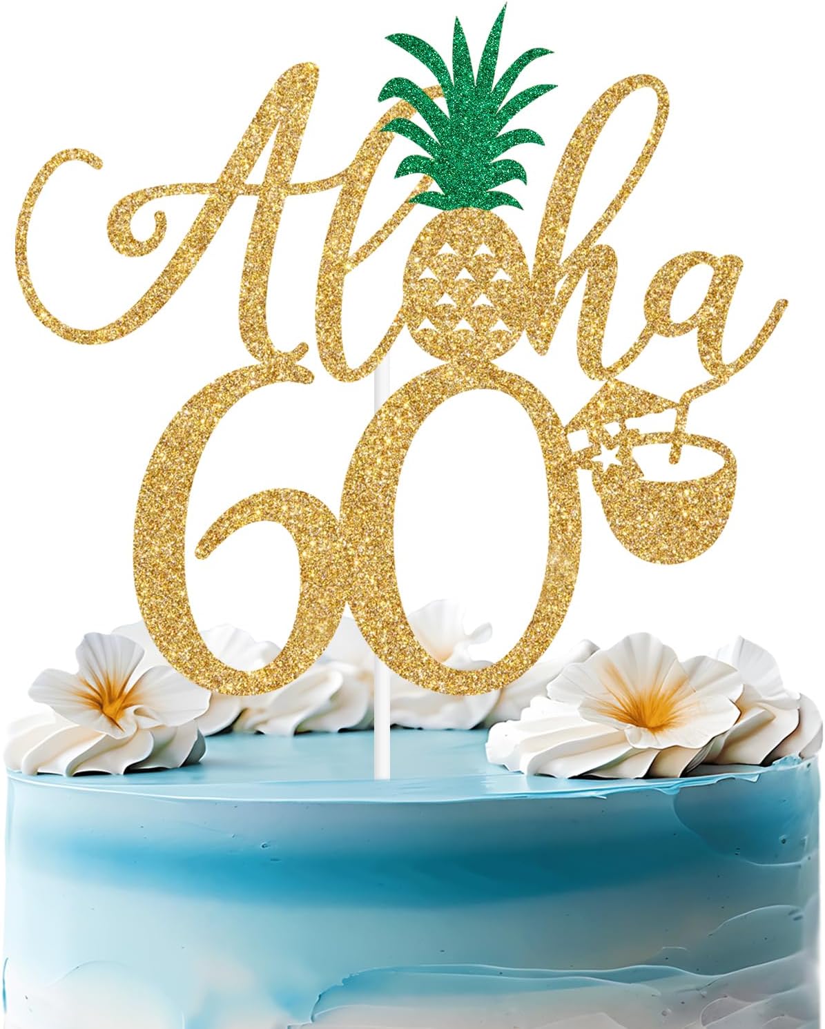 Gold Glitter Aloha 60 Cake Topper, Hawaiian Happy 60th Birthday Cake Decorations, Summer Tropical Palm Leaves Flamingo Luau Themed 60th Birthday/Anniversary Party Decorations Supplies
