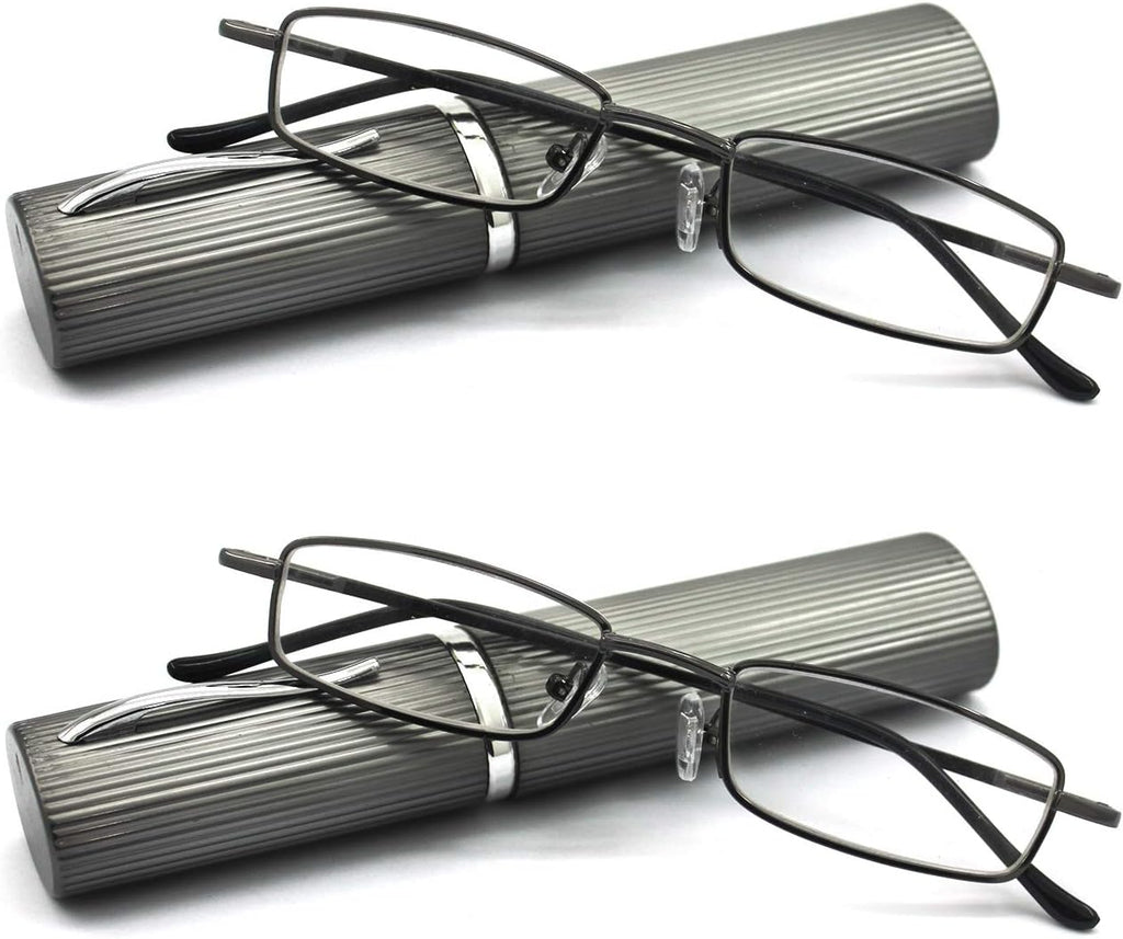 Ultra Slim Compact Lightweight Tube Reading Glasses with Portable Clip Aluminum Case