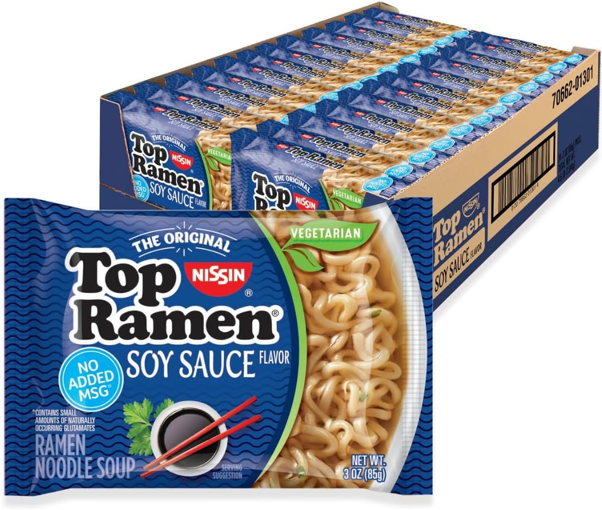 Nissin Top Ramen Noodle Soup, Soy Sauce, 3 Ounce (Pack of 24)