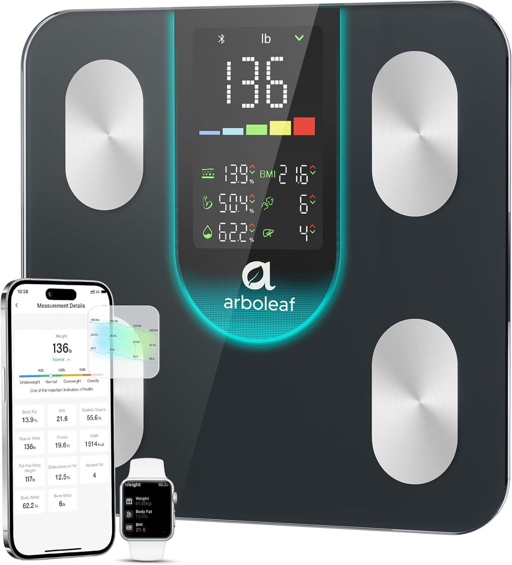 arboleaf Smart Scale for Body Weight and Fat, High-Precision Digital Bathroom Scale with 4-Electrode BIA, 7-in-1 Display for BMI Body Fat Muscle Mass, 14 Metrics in App, Trend Tracking, Max 400lb