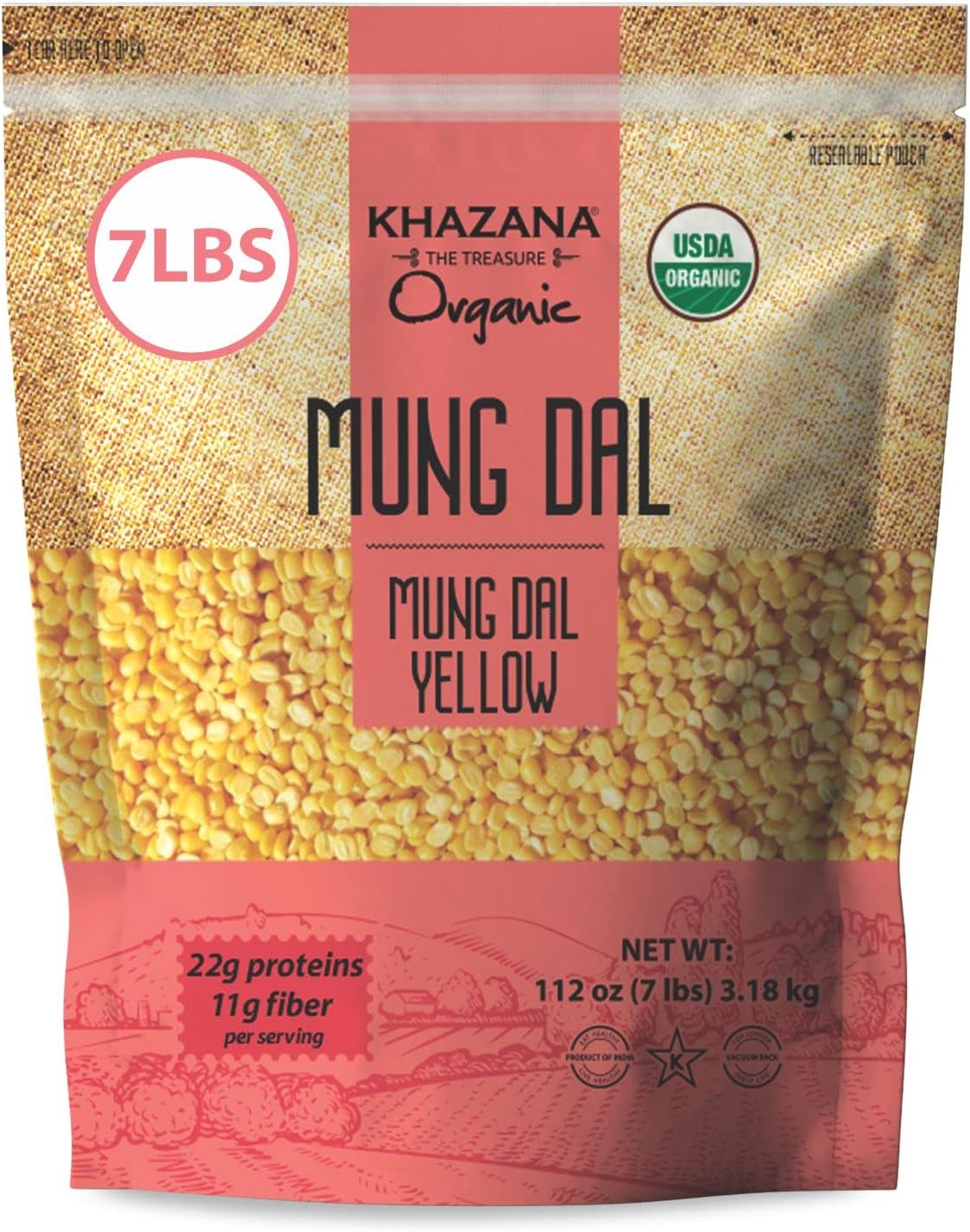 Khazana ORGANIC Mung Dal 7lb - Yellow Petite Split Beans | Non-GMO, Gluten Free & Kosher | Authentic Lentils From India