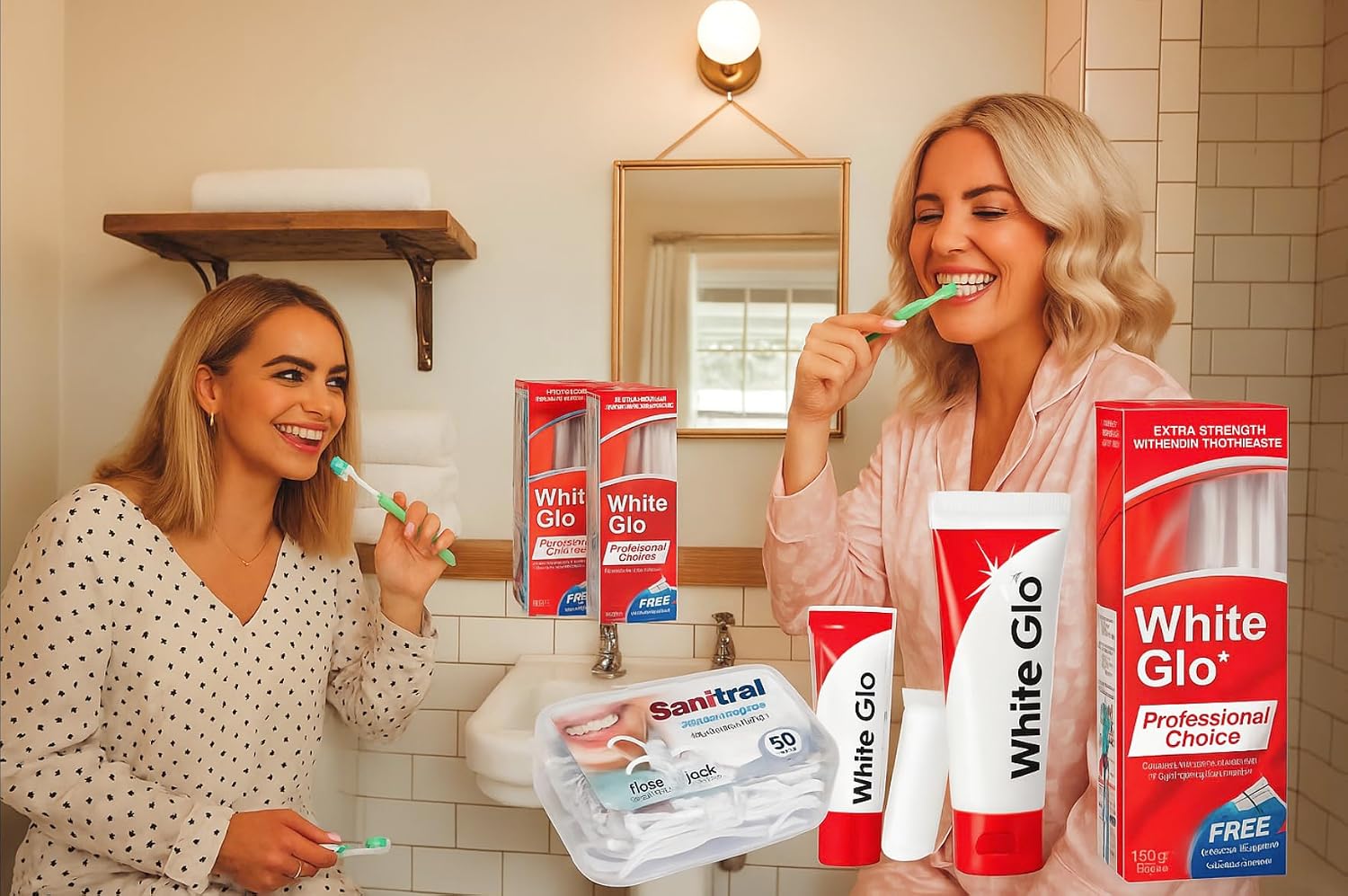 White Glo Extra Strength Whitening Toothpaste Professional Choice 100ml - 2 Packs with Sanitral 50 Pcs Dental Floss Stick Included as a Gift