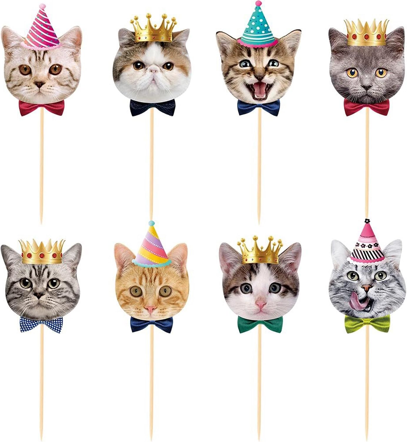 TSJ 24PCS Cat Cupcake Toppers, Cats Face Cake Toppers, Kitten Pet Theme Decorations Stick Toothpicks Supplies for Party Baby Shower