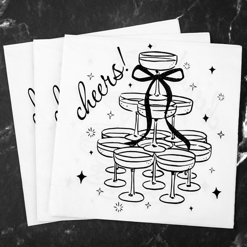 FYSUIMU 100 Pcs Black Cheers Cocktail Napkins Paper Napkins Champagne Tower Bow Disposable Decorative Beverage Napkin for Bachelorette Party Wedding Bridal Shower Birthday Bar Supplies