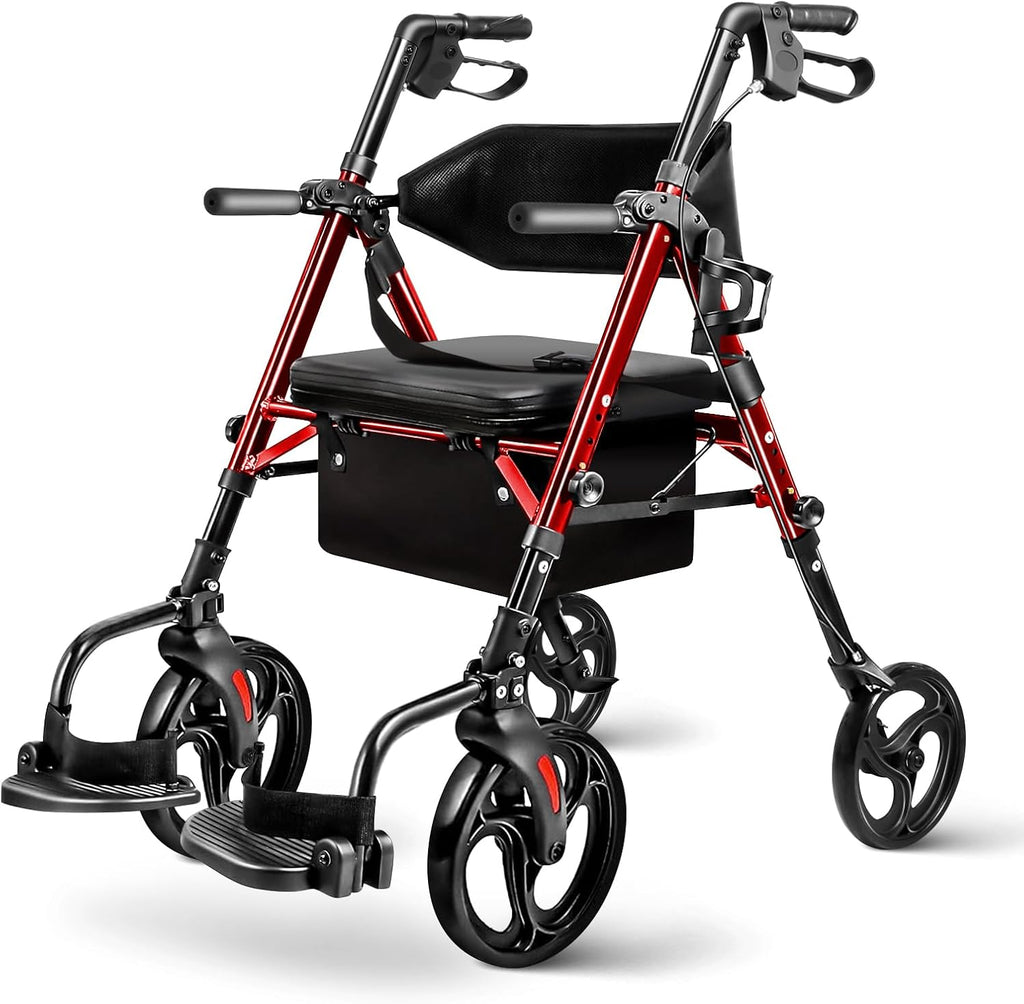 Foldable 2-in-1 Rollator Walker and Wheelchair Combo for Seniors with Seat, Heavy Duty Transport Chair 300 lbs Capacity, Lightweight, Anti-Tip Brakes, Adjustable Height 33.5"-40" (Red)