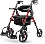 Foldable 2-in-1 Rollator Walker and Wheelchair Combo for Seniors with Seat, Heavy Duty Transport Chair 300 lbs Capacity, Lightweight, Anti-Tip Brakes, Adjustable Height 33.5"-40" (Red)