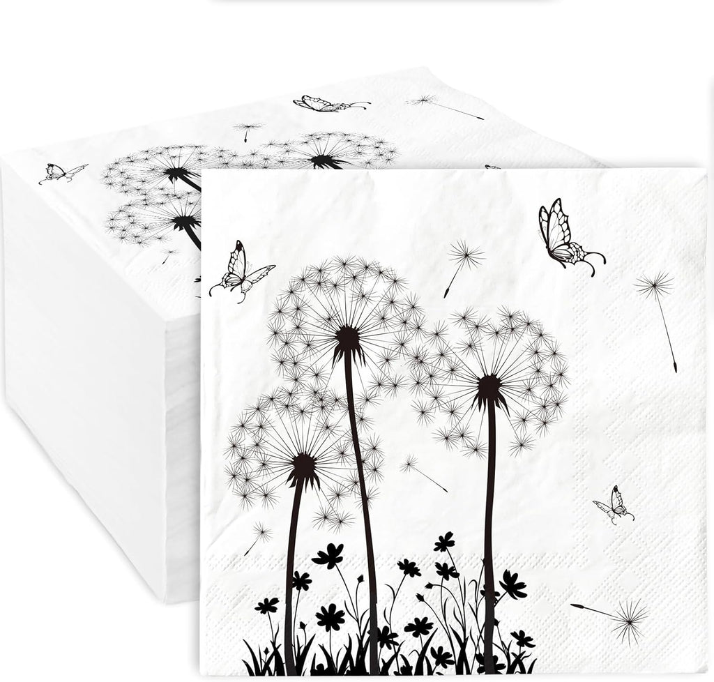 AnyDesign 100 Pack Dandelion Paper Napkins Disposable White Black Floral Luncheon Napkins Disposable Decorative Dinner Hand Napkin for Wedding Baby Shower Birthday Tea Party Supplies, 6.5 x 6.5 Inch