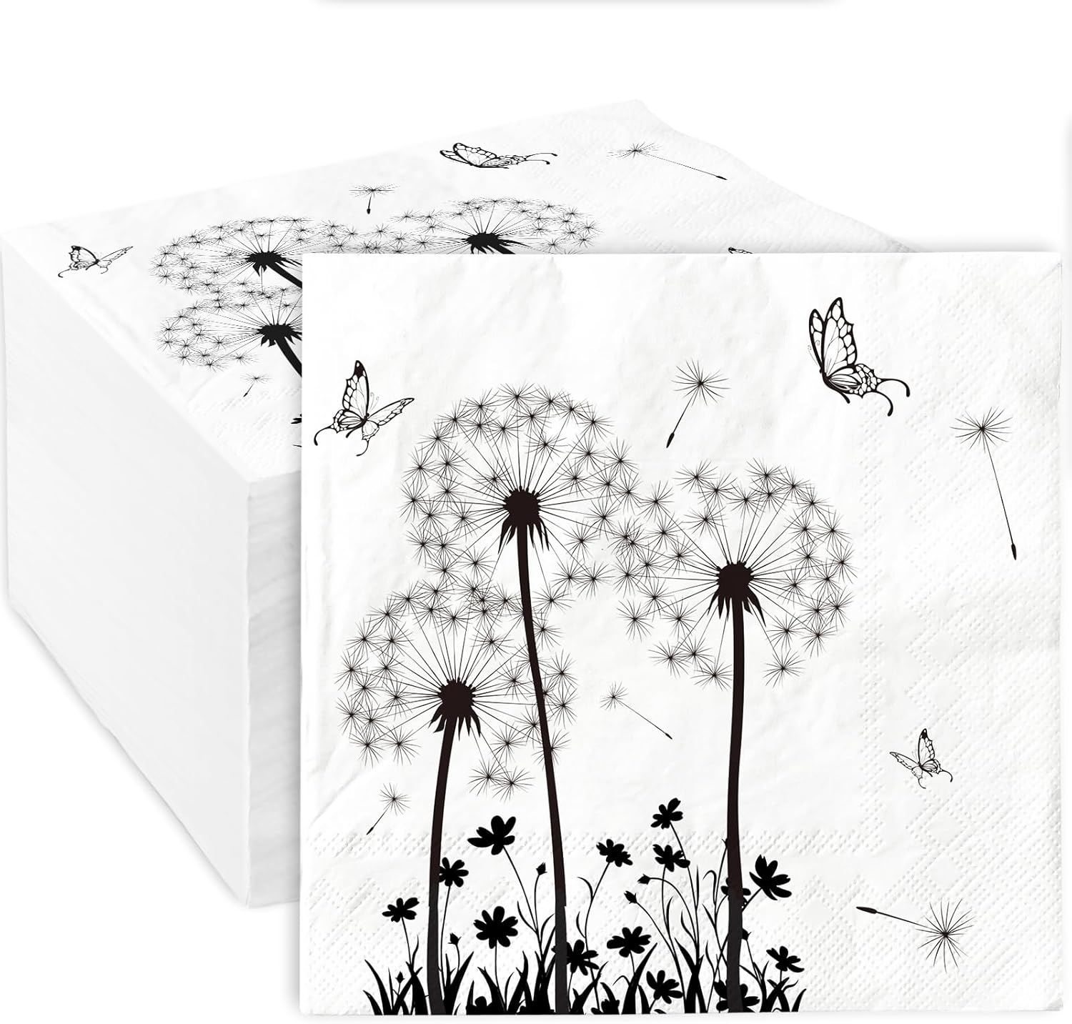 AnyDesign 100 Pack Dandelion Paper Napkins Disposable White Black Floral Luncheon Napkins Disposable Decorative Dinner Hand Napkin for Wedding Baby Shower Birthday Tea Party Supplies, 6.5 x 6.5 Inch