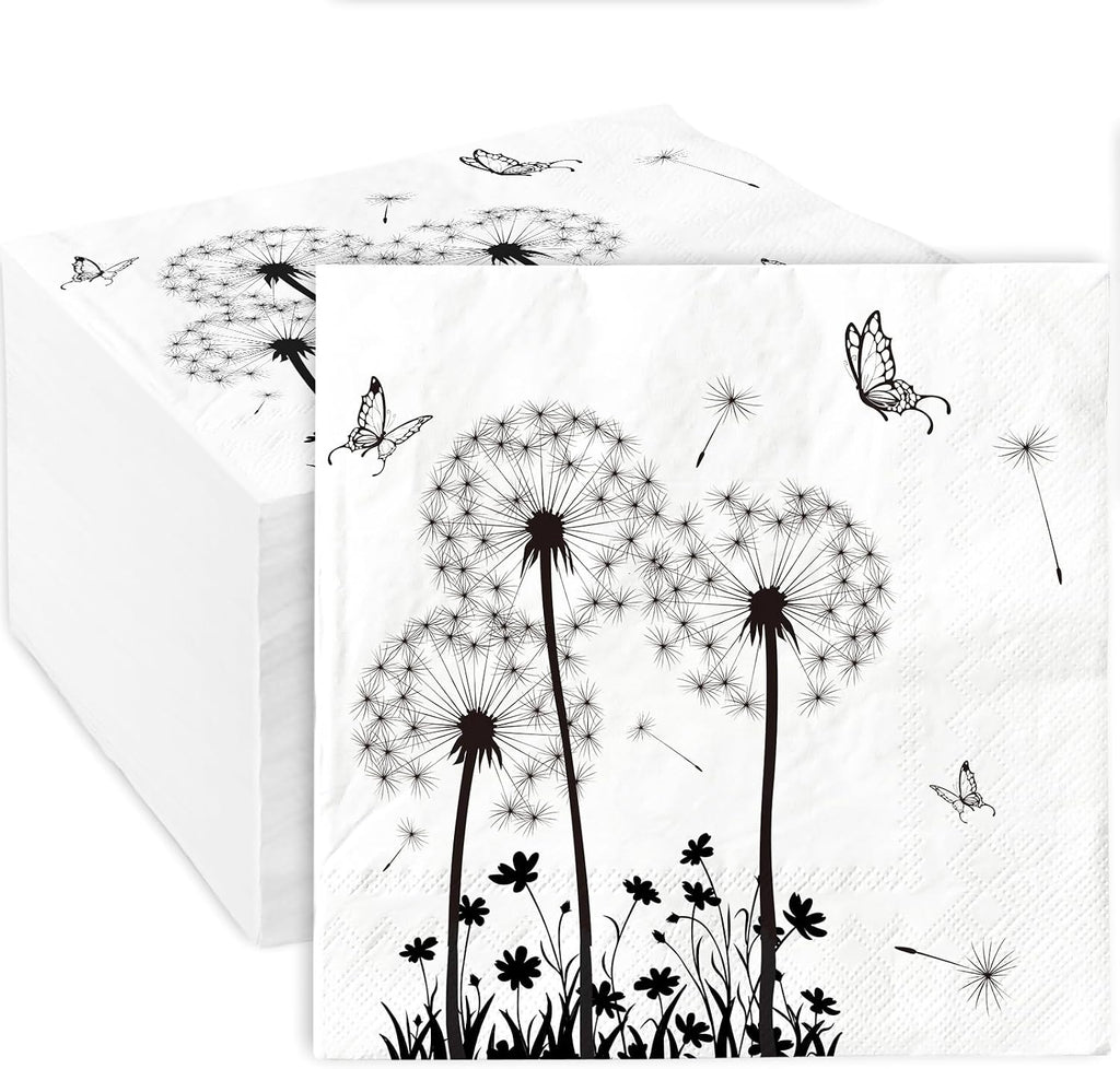 AnyDesign 100 Pack Dandelion Paper Napkins White Black Floral Luncheon Napkins Disposable Decorative Dinner Hand Napkin for Wedding Baby Shower Birthday Tea Party Supplies
