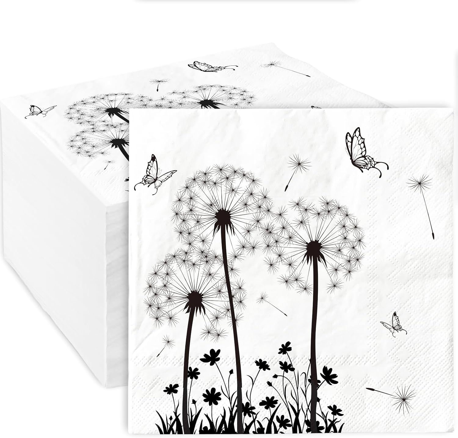 AnyDesign 100 Pack Dandelion Paper Napkins White Black Floral Luncheon Napkins Disposable Decorative Dinner Hand Napkin for Wedding Baby Shower Birthday Tea Party Supplies