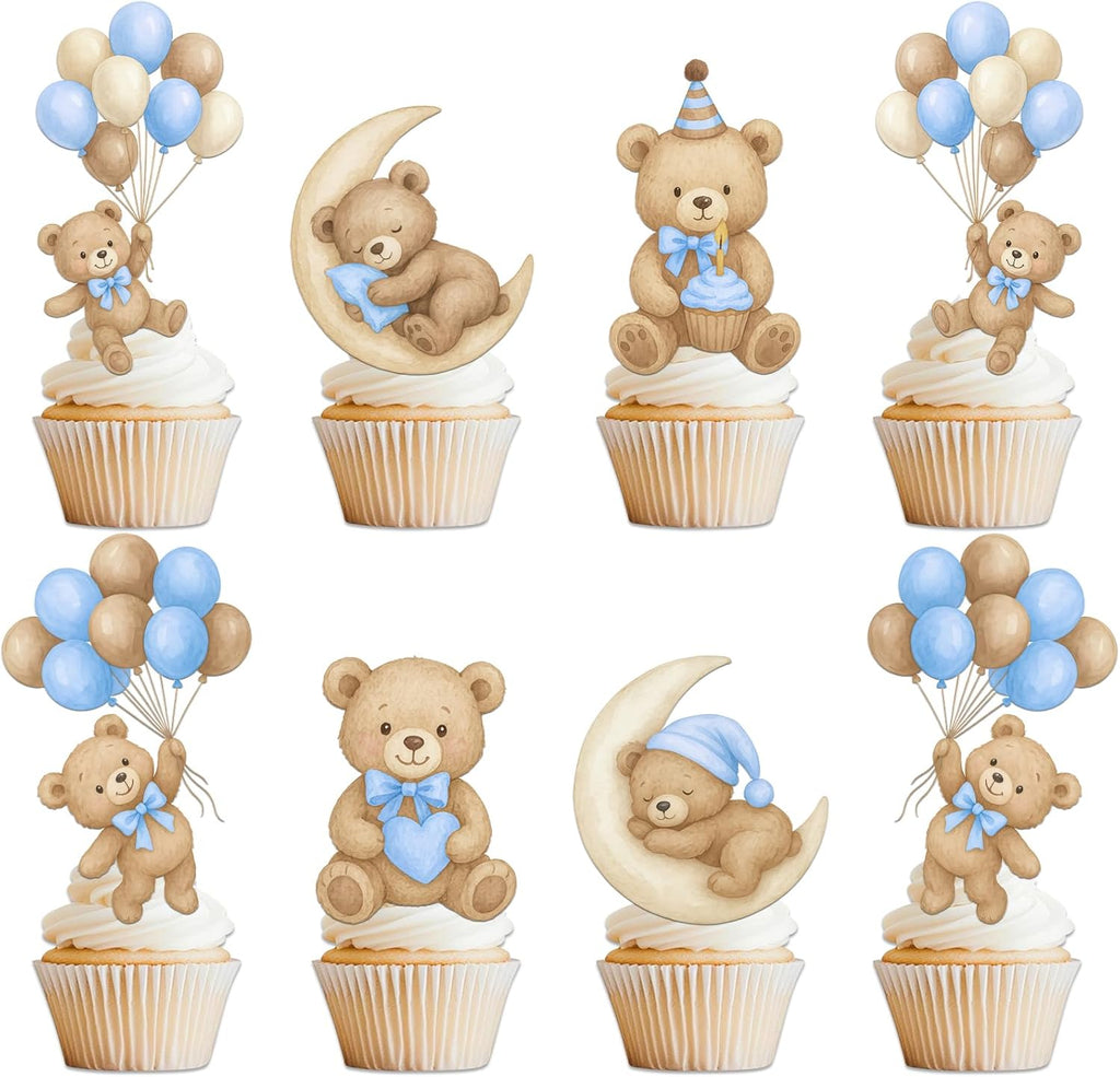 36 Pcs Blue Bear Cupcake Toppers - Baby Shower & Gender Reveal Party Decorations, "We Can Bearly Wait" Theme Cake Decor Supplies