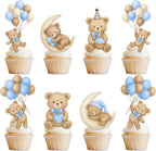 36 Pcs Blue Bear Cupcake Toppers - Baby Shower & Gender Reveal Party Decorations, "We Can Bearly Wait" Theme Cake Decor Supplies