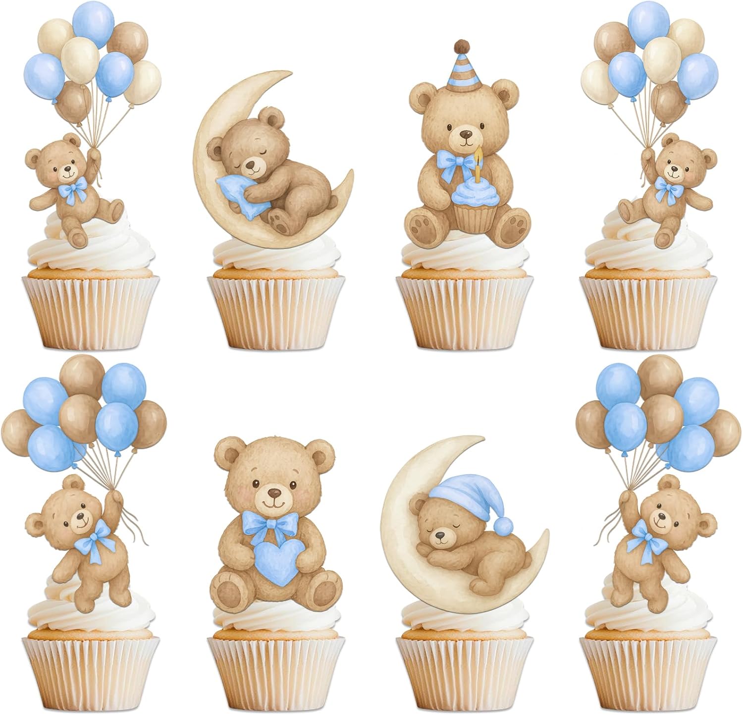 36 Pcs Blue Bear Cupcake Toppers - Baby Shower & Gender Reveal Party Decorations, "We Can Bearly Wait" Theme Cake Decor Supplies