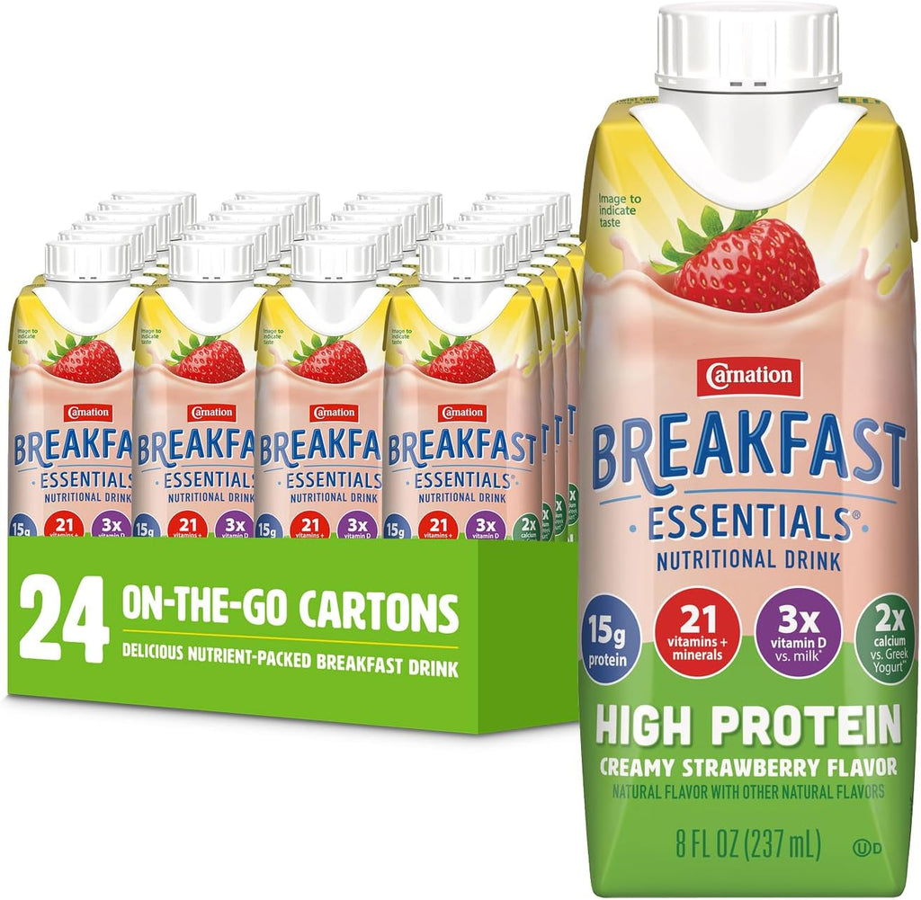 Carnation Breakfast Essientials High Protein Ready-to-Drink, 8 FL OZ Carton, Strawberry (Pack of 24)