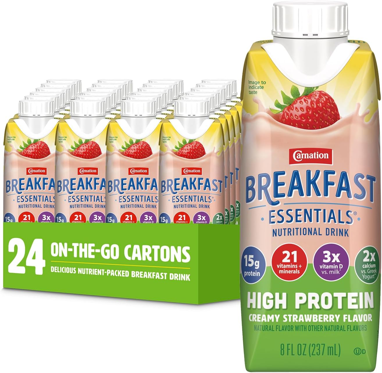 Carnation Breakfast Essientials High Protein Ready-to-Drink, 8 FL OZ Carton, Strawberry (Pack of 24)