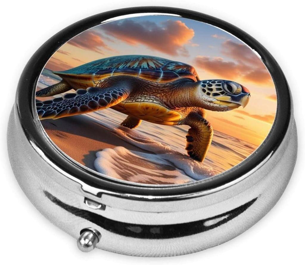 ZhongGuo sea Turtle Sunset Printed Pill Organizer,Round Travel Pill Organizer Mini Medicine Pill Box for Purse Iron Plating